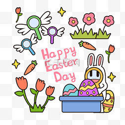 彩翅膀图片_复活节可爱兔子和彩蛋花朵