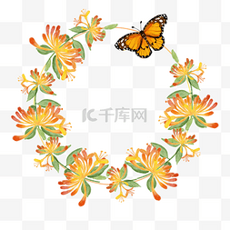 花卉边框蝴蝶水彩风格橘色