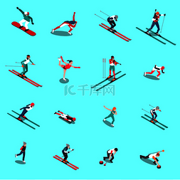 矢量滑冰运动员图片_冬季运动等距人一组穿着制服的孤