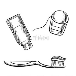 牙膏管、牙刷和牙线素描图标，用