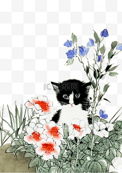 花中的小猫水墨