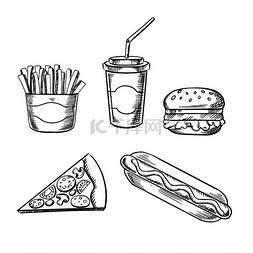 黄金炸薯条图片_快餐草图，包括汉堡包、比萨饼、