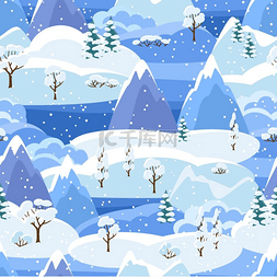 冬季树木山脉和山丘的无缝图案季