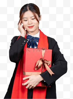 礼物盒女性人物图片_新年商务女性拿着礼物盒微笑