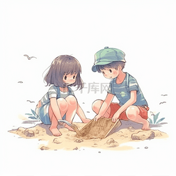 夏日手绘小朋友海边堆沙子