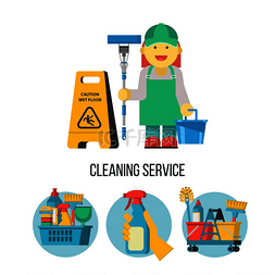 地板标志图片_清洁服务一组图标专业清洁女士带