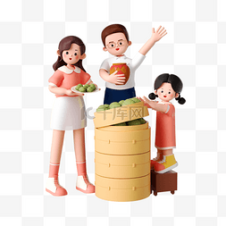 端午节香包背景图片_端午节3D立体一家人吃粽子