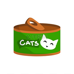 牧源猪饲料图片_带有微笑猫的猫粮罐头。