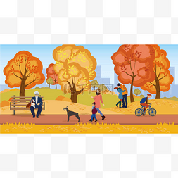 手绘秋图片_人们在散步，一个男人在骑自行车