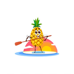 菠萝滑稽卡通人物在日落时用桨在