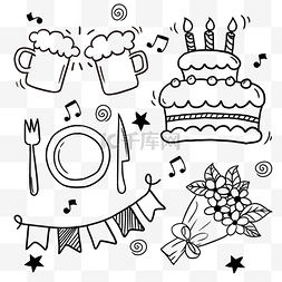 蛋糕线稿素材图片_线稿生日涂鸦啤酒蛋糕餐具鲜花彩