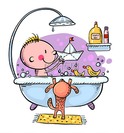 幼儿或婴儿在浴室里洗澡和玩耍，