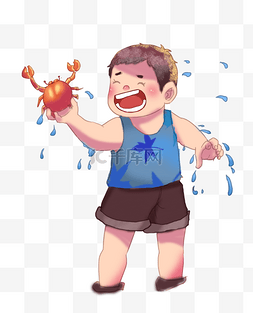 夏季男孩抓螃蟹