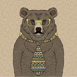 在领带和眼镜留着胡子的时髦熊
