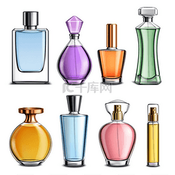 水在玻璃上图片_香水玻璃瓶各种形状的瓶盖和彩色