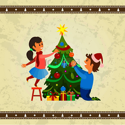 圣诞节期间家庭矢量的松树装饰女