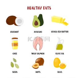 健康的脂肪和油的食物图标设置在