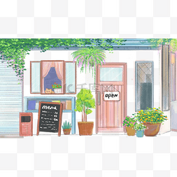 猫菜单图片_水彩建筑主题之店铺