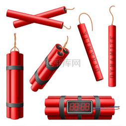 红色的棒图片_逼真的燃烧炸药炸弹棒，带爆炸计