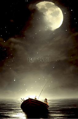 月光下插画图片_月下的船水墨