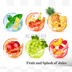 和果汁图片_一套薄荷和水果在水和果汁飞溅。