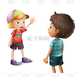 红色卡通儿童背景图片_一个男孩在他的朋友挥手致意