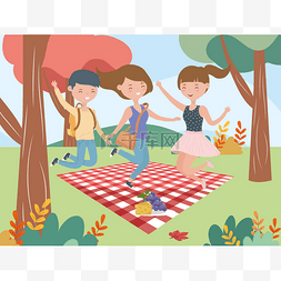 landscape图片_women and man jumpin blanket fruits picnic na