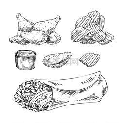 吃鸡翅图片_快餐套装手绘矢量单色插图鸡翅和