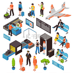 旅行机场图图片_机场等轴测图标集机场乘客办理登