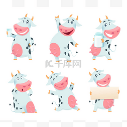 奶牛动物。动画片农场字符吃和摆