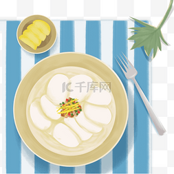 餐桌布叉子年糕汤韩国美食插画