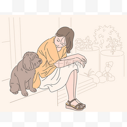 卡通sweet图片_A girl sits in the yard with a cute dog. Swee