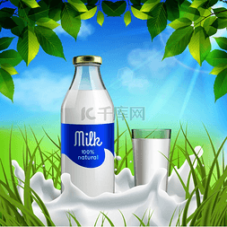 天然海报图片_天然乳制品逼真成分与瓶子和全玻