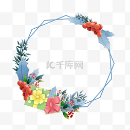 空礼盒插画图片_水彩圣诞植物花卉线条边框