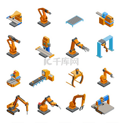 工厂机器人图片_机器人机械臂等距图标集。
