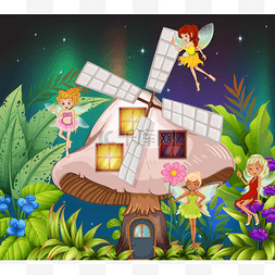 童话故事背景图片_晚上在蘑菇房子周围飞来神仙