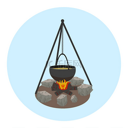 篝火与锅图标。室外的食物准备