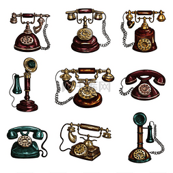 复古电话图标图片_带有接收器、拨号盘、电线的老式