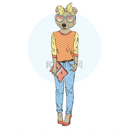 手绘棕色熊设计图片_棕色的熊女孩时髦牛仔裤