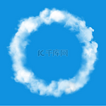 在多云的天空中模糊的圆形框架或圆形蓬松的环形烟雾矢量蓝色的逼真背景夏天的天空有白色的轻雾晴朗的天气和空气中蓬松的烟雾或烟雾环蒸汽天空中的云圆形蓬松的多云空气框架