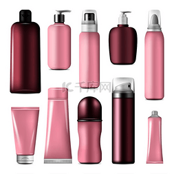 化妆品瓶和液体容器模型由粉红色