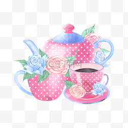玫瑰茶具图片_茶杯水彩粉色波点下午茶茶具