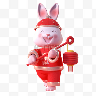 红色喜庆3D卡通兔子手拿灯笼