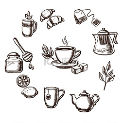 茶壶图片_凉茶、甜点和面包店素描图标，茶