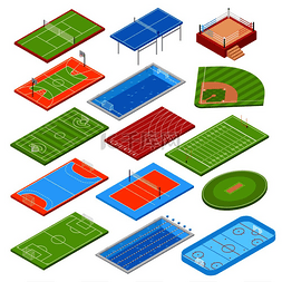 团队图标蓝色图片_体育俱乐部足球场等距图标集合与