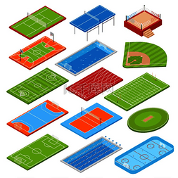 竞技场矢量图片_体育俱乐部足球场等距图标集合与