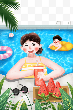 夏季喝果汁图片_夏季室外游泳池游泳喝果汁