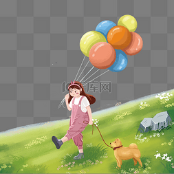 夏季夏天户外女孩手拿气球宠物狗
