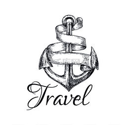 徽章缎带图片_旅行图标锚和螺旋扭带草图标志海
