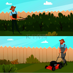 卡通农业工具图片_两个水平彩色卡通园艺工作横幅设